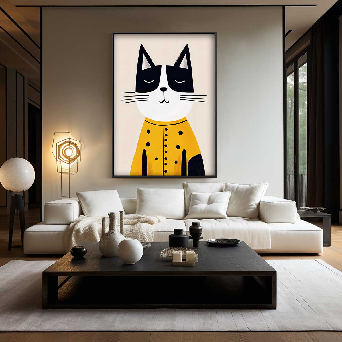 Stijlvolle Kat in Gele Jas Kunstwerk-canvas-dibond-plexiglas-wanddecoratie-WallArtistic