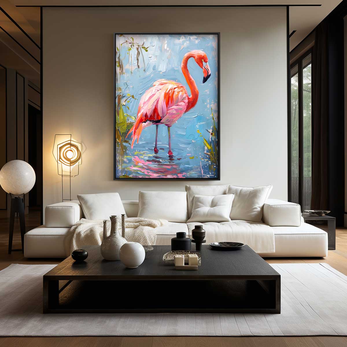Flamingo op Blauw Canvas Kunstwerk-canvas-dibond-plexiglas-wanddecoratie-WallArtistic