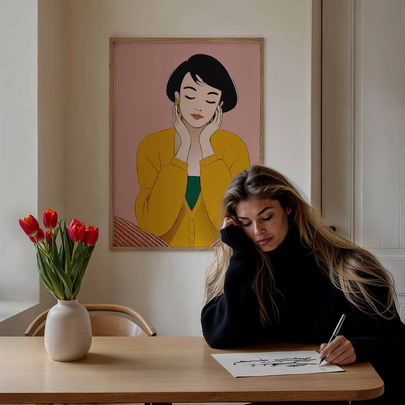 Dromerige Dame in Okergeel Poster-WallArtistic