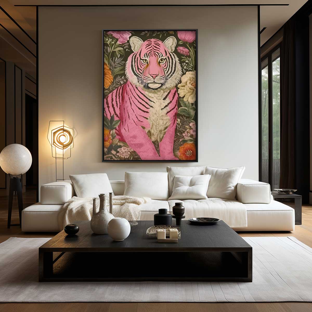 Kleurrijke Tijger in Bloementuin Kunstwerk-canvas-dibond-plexiglas-wanddecoratie-WallArtistic