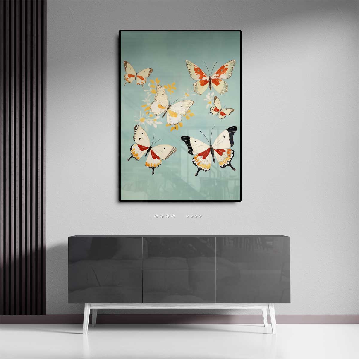 Vliegende Vlinders op Hemelsblauw Kunstwerk-canvas-dibond-plexiglas-wanddecoratie-WallArtistic
