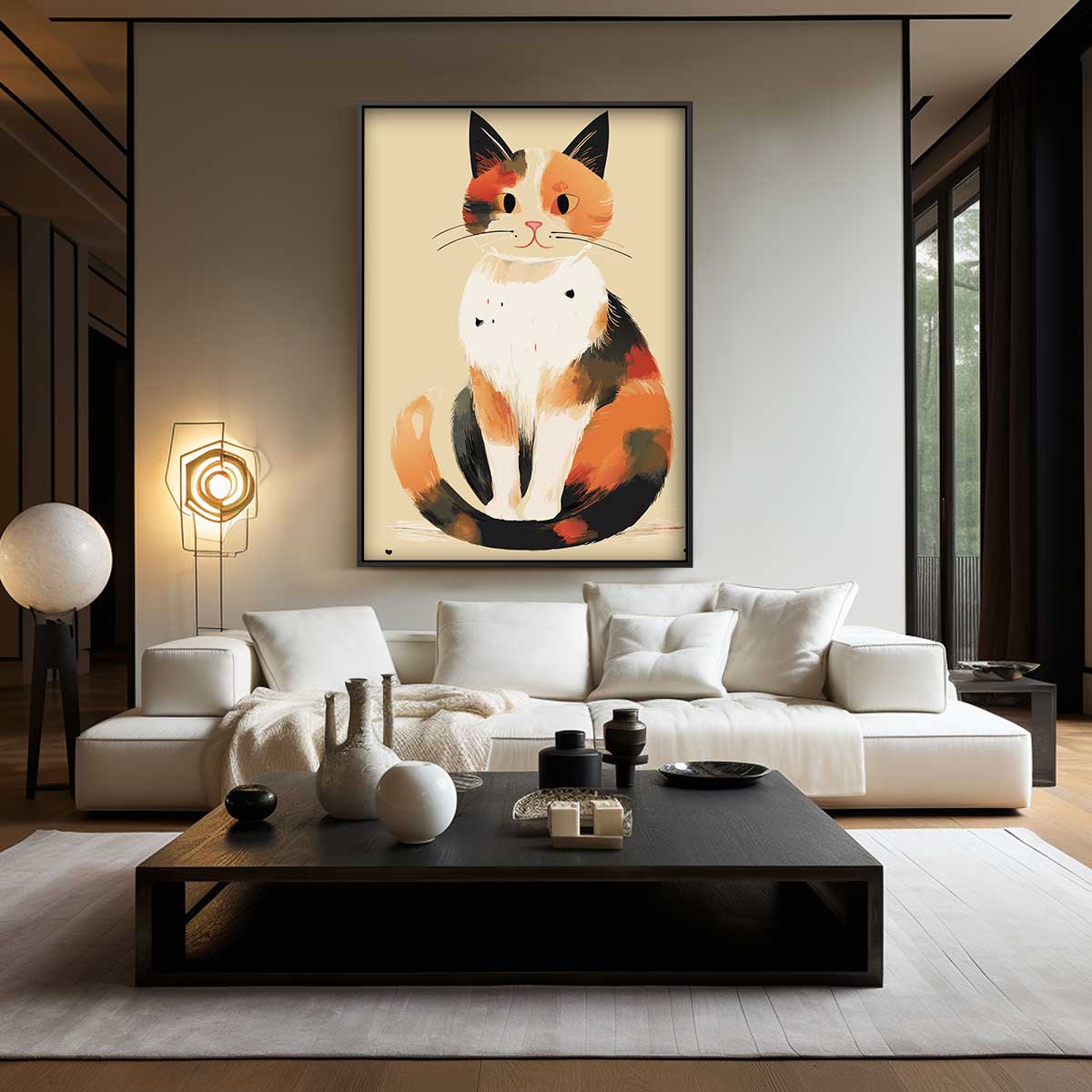 Charmante Calico Kat Illustratie Kunstwerk-canvas-dibond-plexiglas-wanddecoratie-WallArtistic