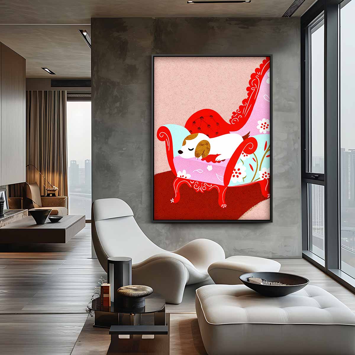 Slapend Hondje in Stijlvolle Stoel Kunstwerk-canvas-dibond-plexiglas-wanddecoratie-WallArtistic
