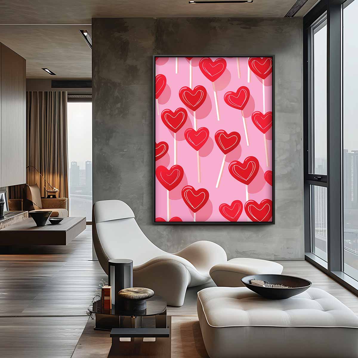 Hartvormige Lollies Op Roze Achtergrond Kunstwerk-canvas-dibond-plexiglas-wanddecoratie-WallArtistic