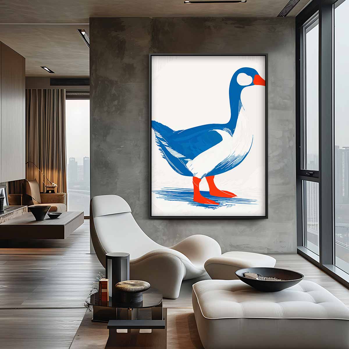 Stijlvolle Eend in Blauw en Rood Kunstwerk-canvas-dibond-plexiglas-wanddecoratie-WallArtistic