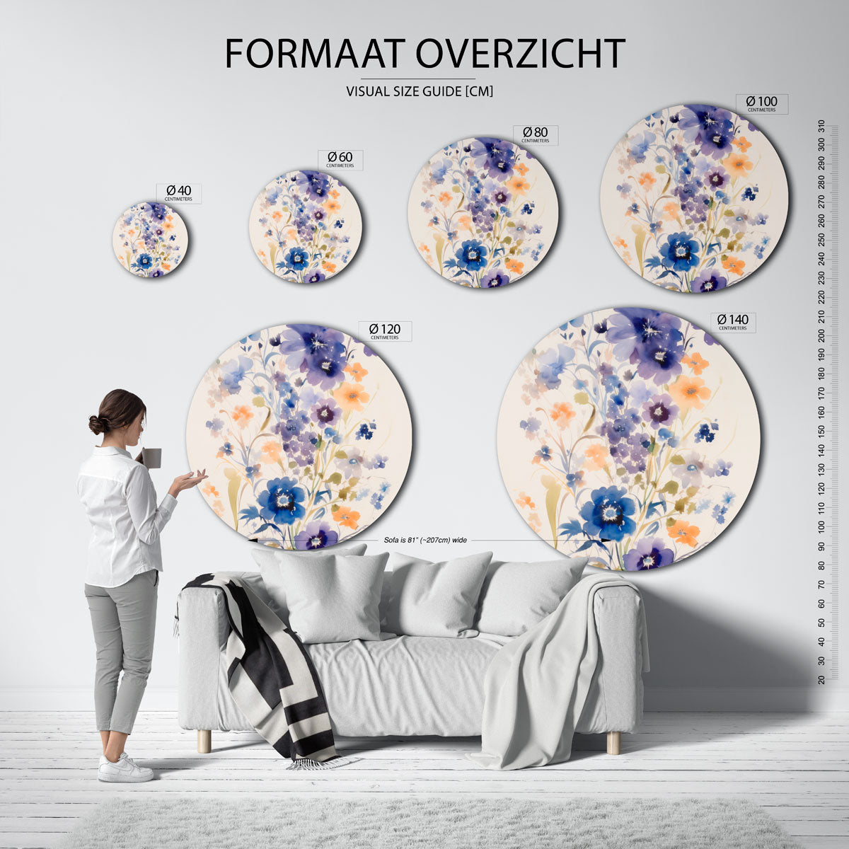 Bloemen in blauw en oranje Muurcirkel