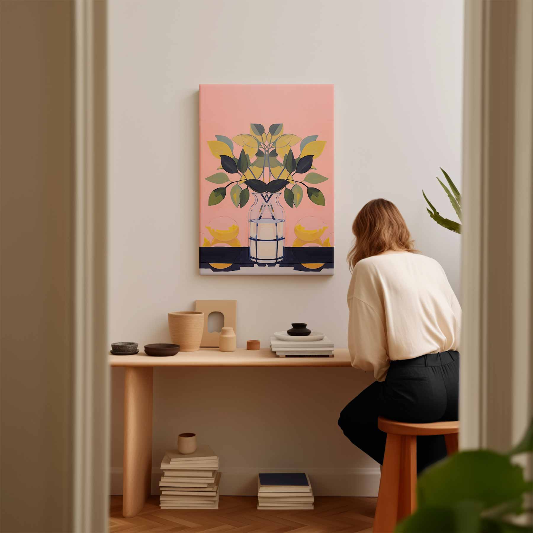 Vrolijke Vaas met Bladeren Kunstwerk-canvas-dibond-plexiglas-wanddecoratie-WallArtistic