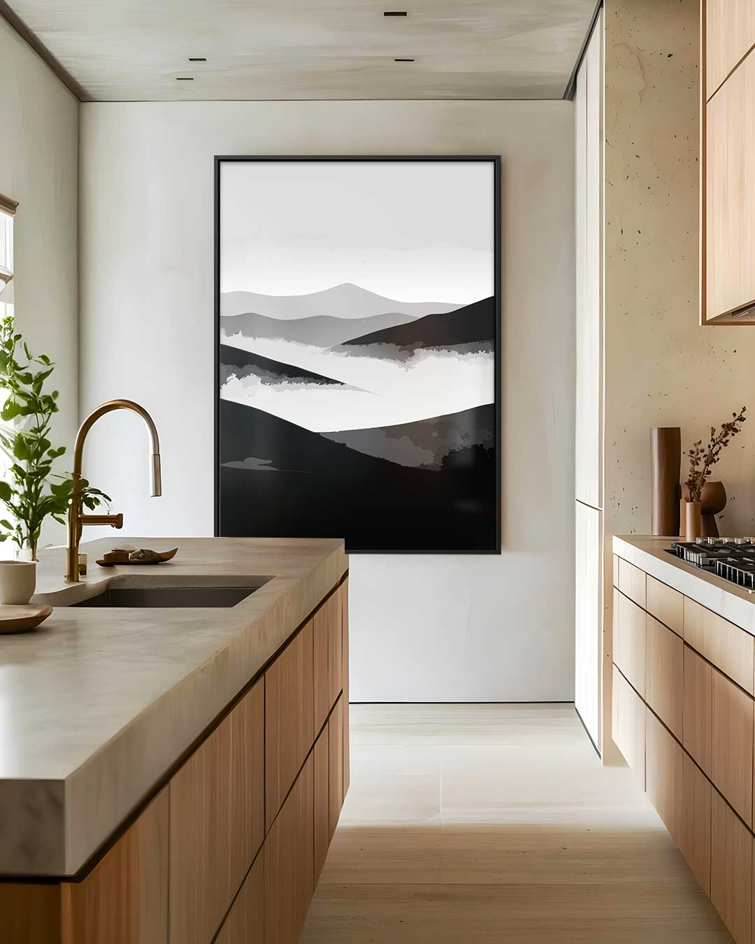 Dromerige Berglandschap in Zwart-Wit Kunstwerk-canvas-dibond-plexiglas-wanddecoratie-WallArtistic