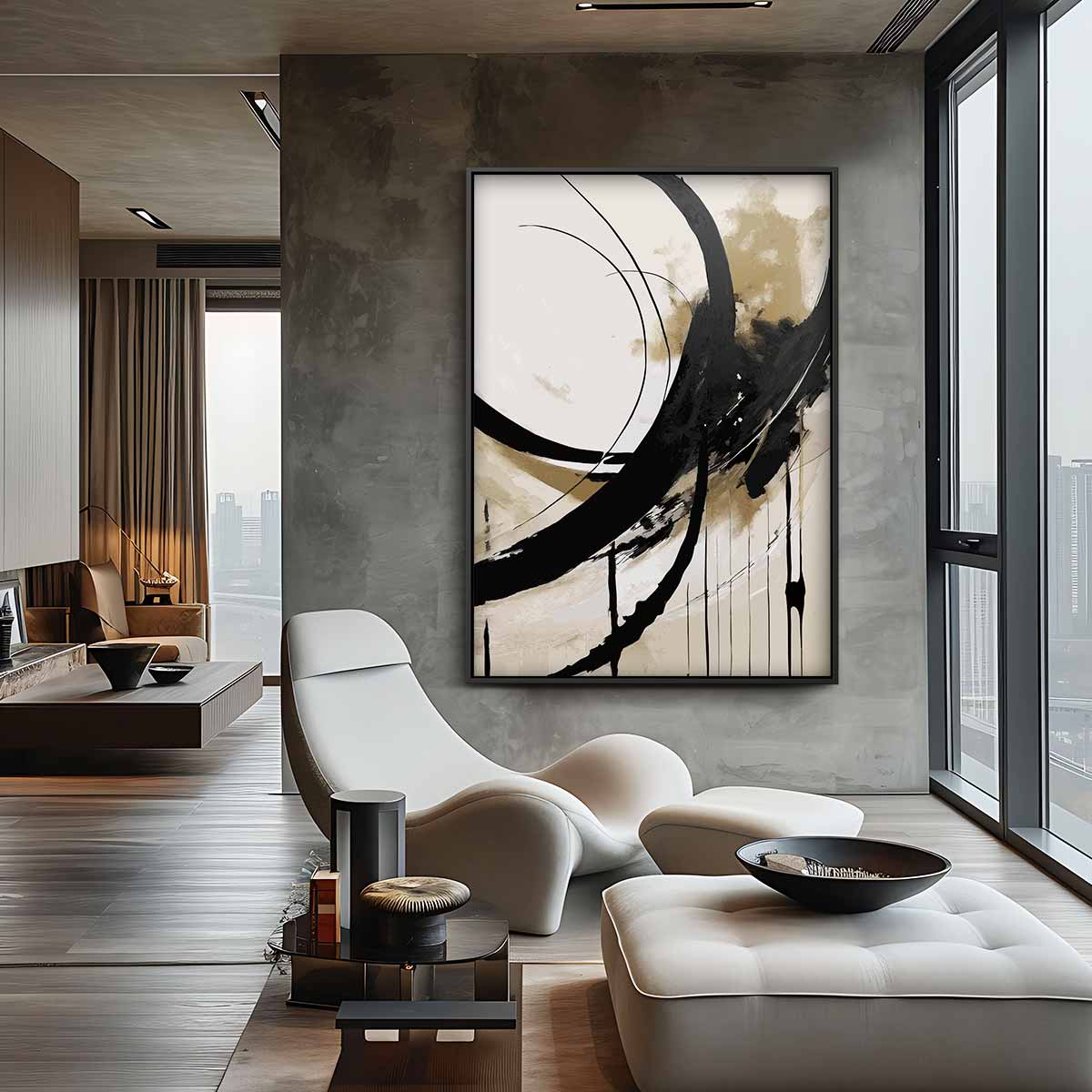 Abstracte Beweging in Zwart en Beige Kunstwerk-canvas-dibond-plexiglas-wanddecoratie-WallArtistic