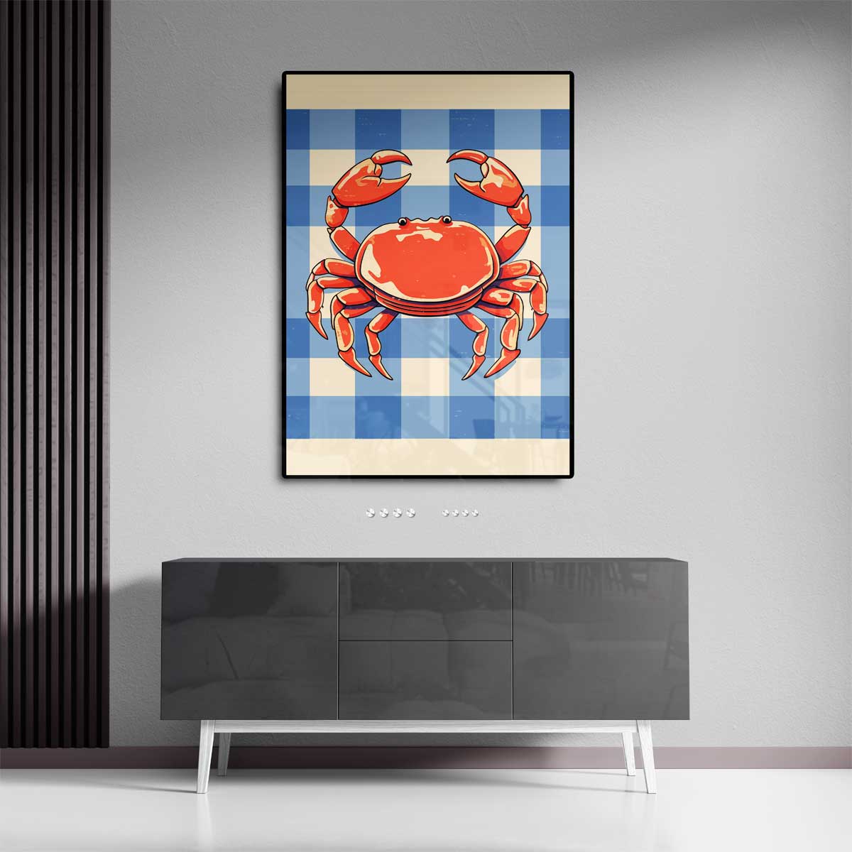 Vrolijke Krab op Blauw-Wit Patroon Kunstwerk-canvas-dibond-plexiglas-wanddecoratie-WallArtistic