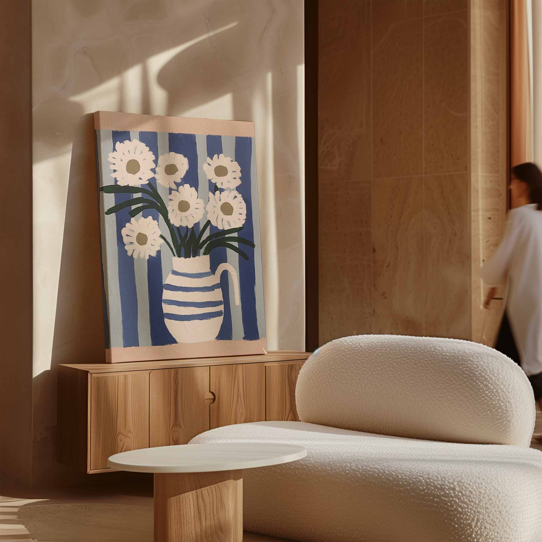 Bloemen in Blauwe Strepen Kunstwerk-canvas-dibond-plexiglas-wanddecoratie-WallArtistic