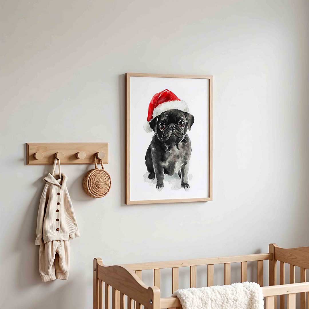 Mopshond met kerstmuts Poster