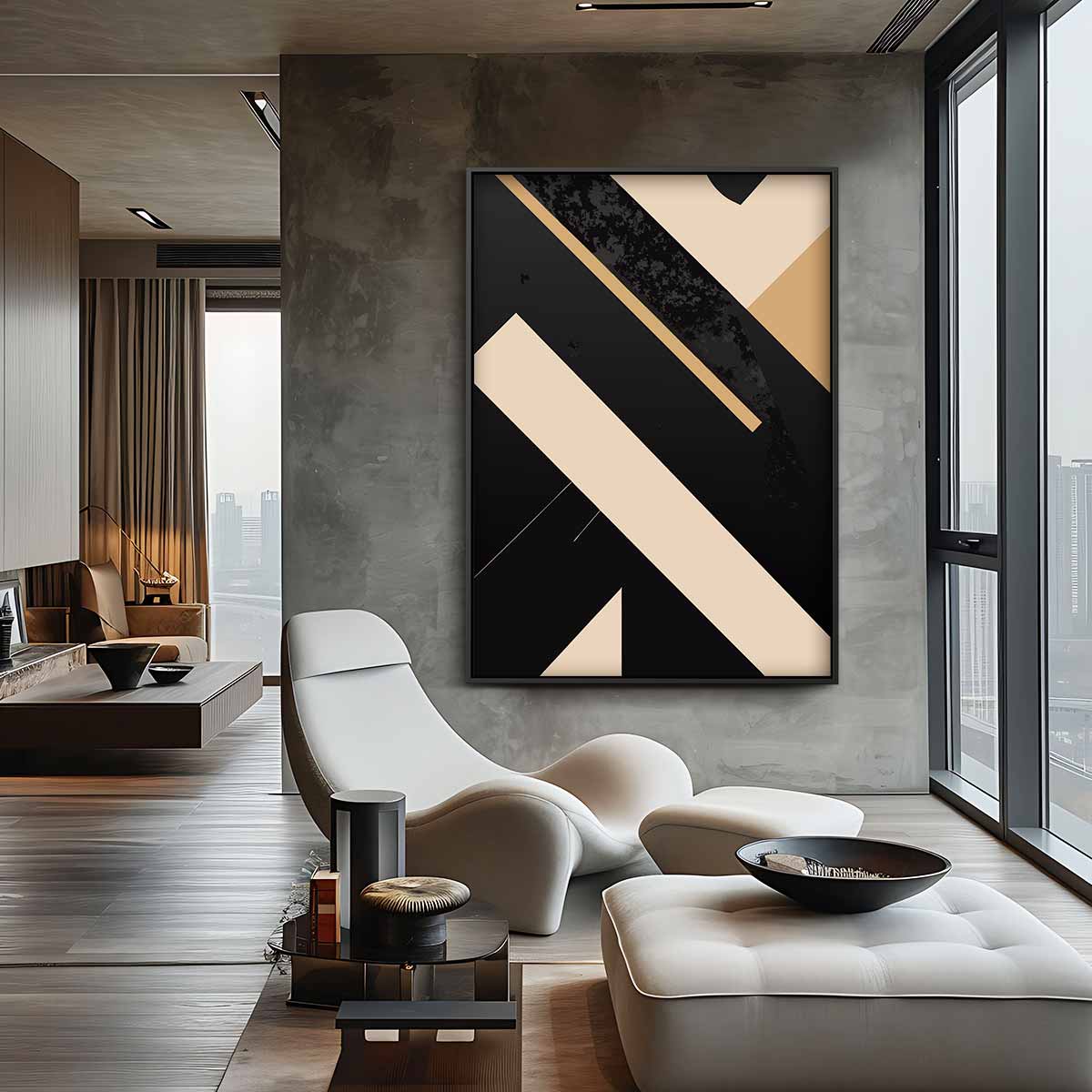 Abstracte Beige Lijnen op Zwart Kunstwerk-canvas-dibond-plexiglas-wanddecoratie-WallArtistic