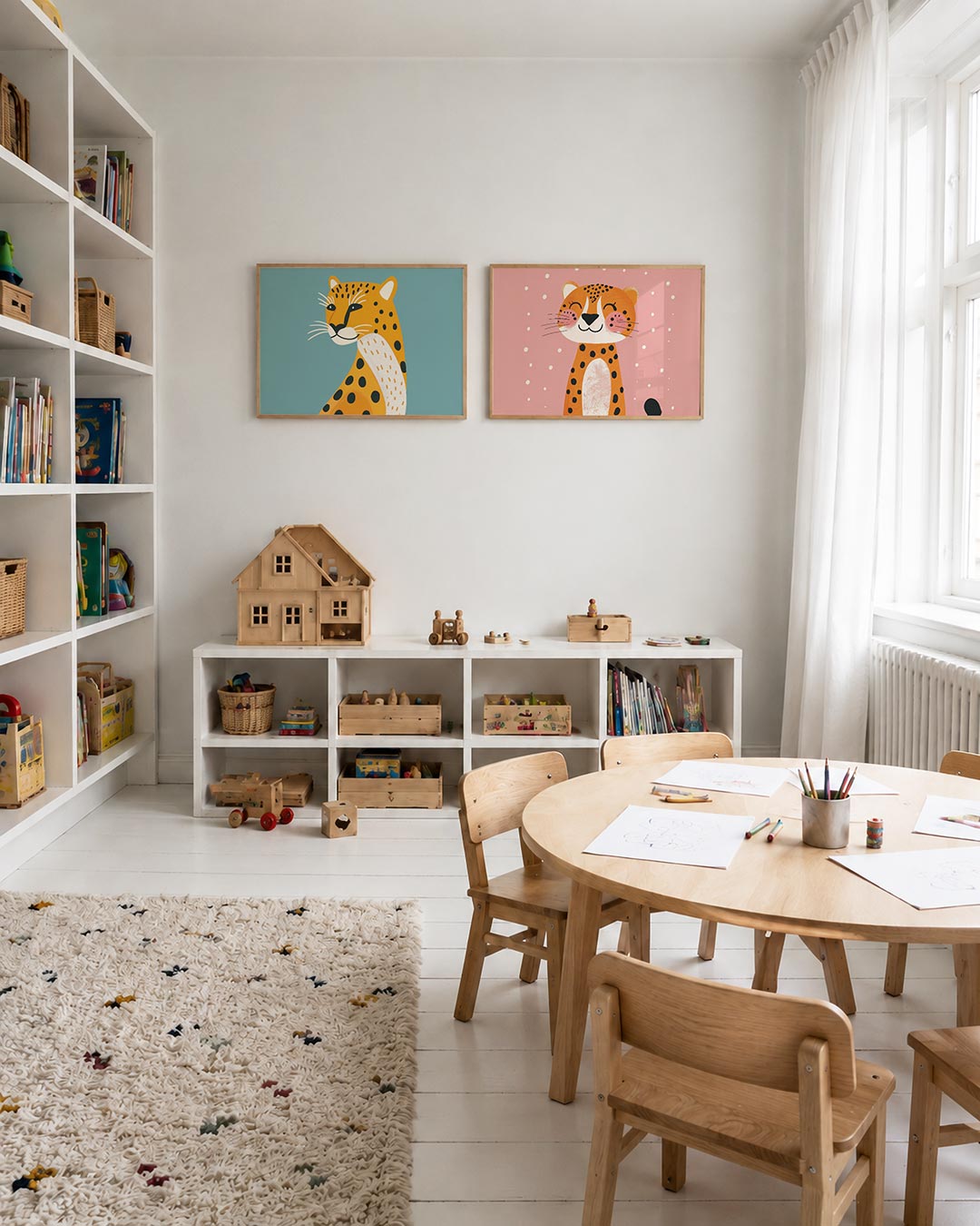 Tweedelige posterset met een speelse compositie met een gestileerde luipaard, getoond in een interieur