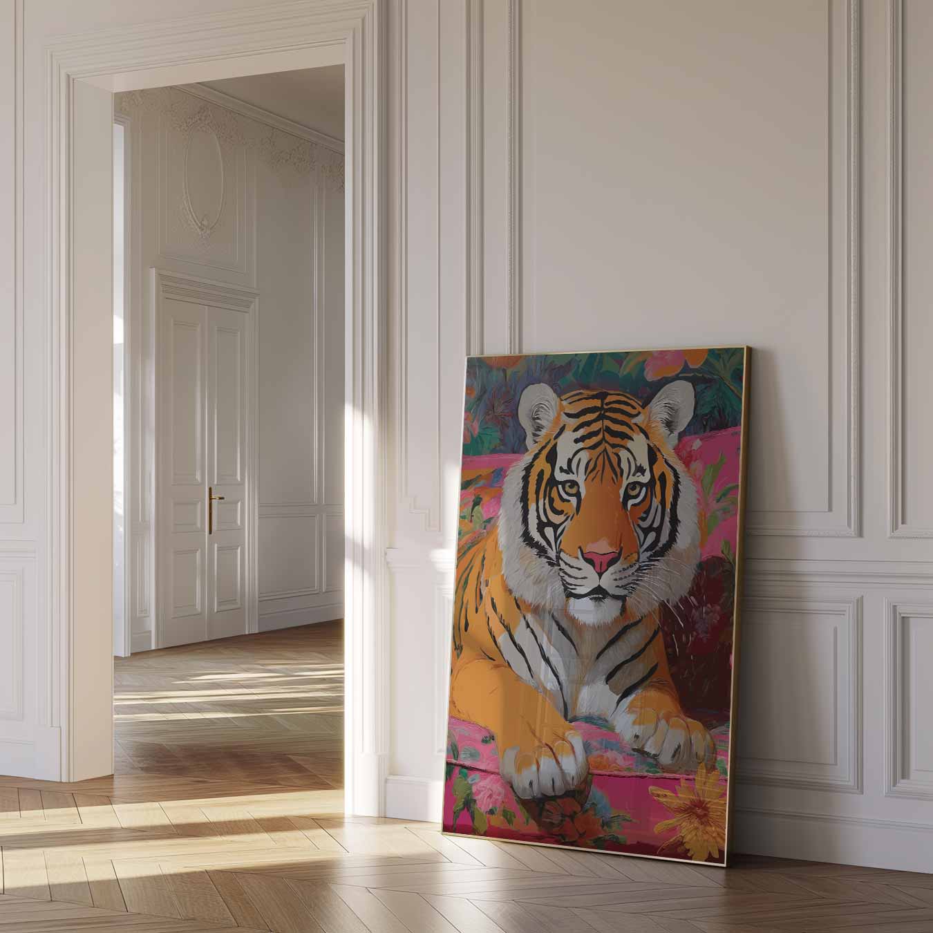 Kleurrijke Tijger op Bloemenbank Poster
