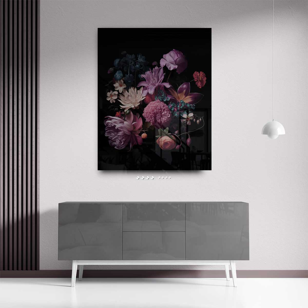 Bloemenexplosie in Donkere Zalen Kunstwerk-canvas-dibond-plexiglas-wanddecoratie-WallArtistic
