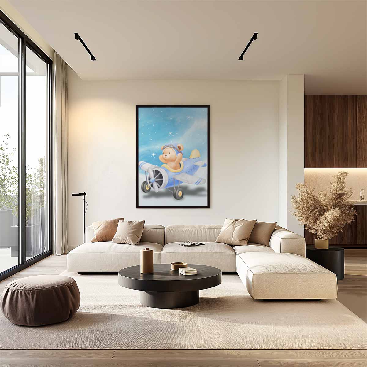 Dromende Teddy in Vliegtuig Kunstwerk-canvas-dibond-plexiglas-wanddecoratie-WallArtistic