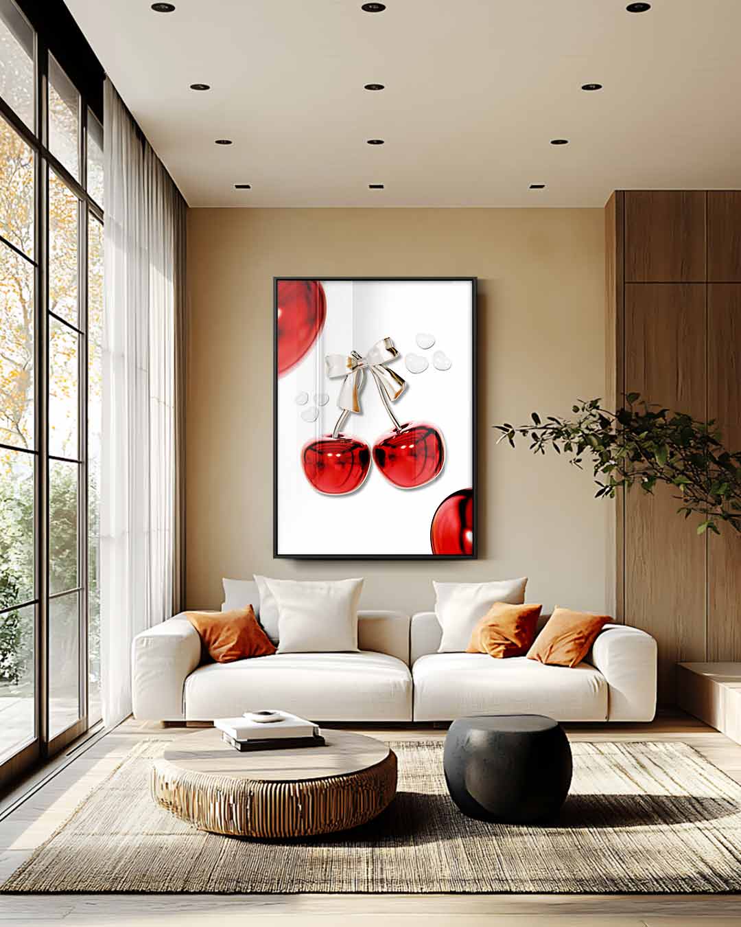 Glanzende Kersen met Strik Kunstwerk-canvas-dibond-plexiglas-wanddecoratie-WallArtistic