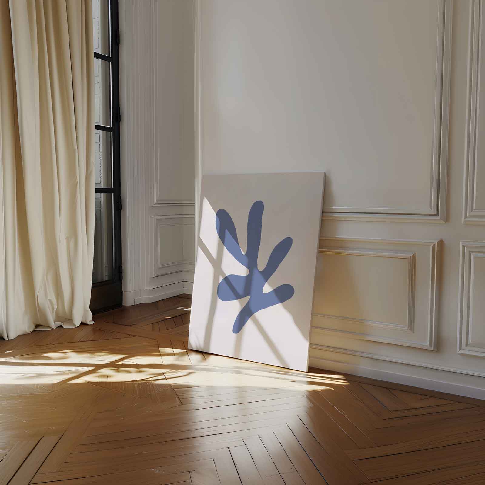 Abstracte Blauwe Vorm op Beige Kunstwerk-canvas-dibond-plexiglas-wanddecoratie-WallArtistic