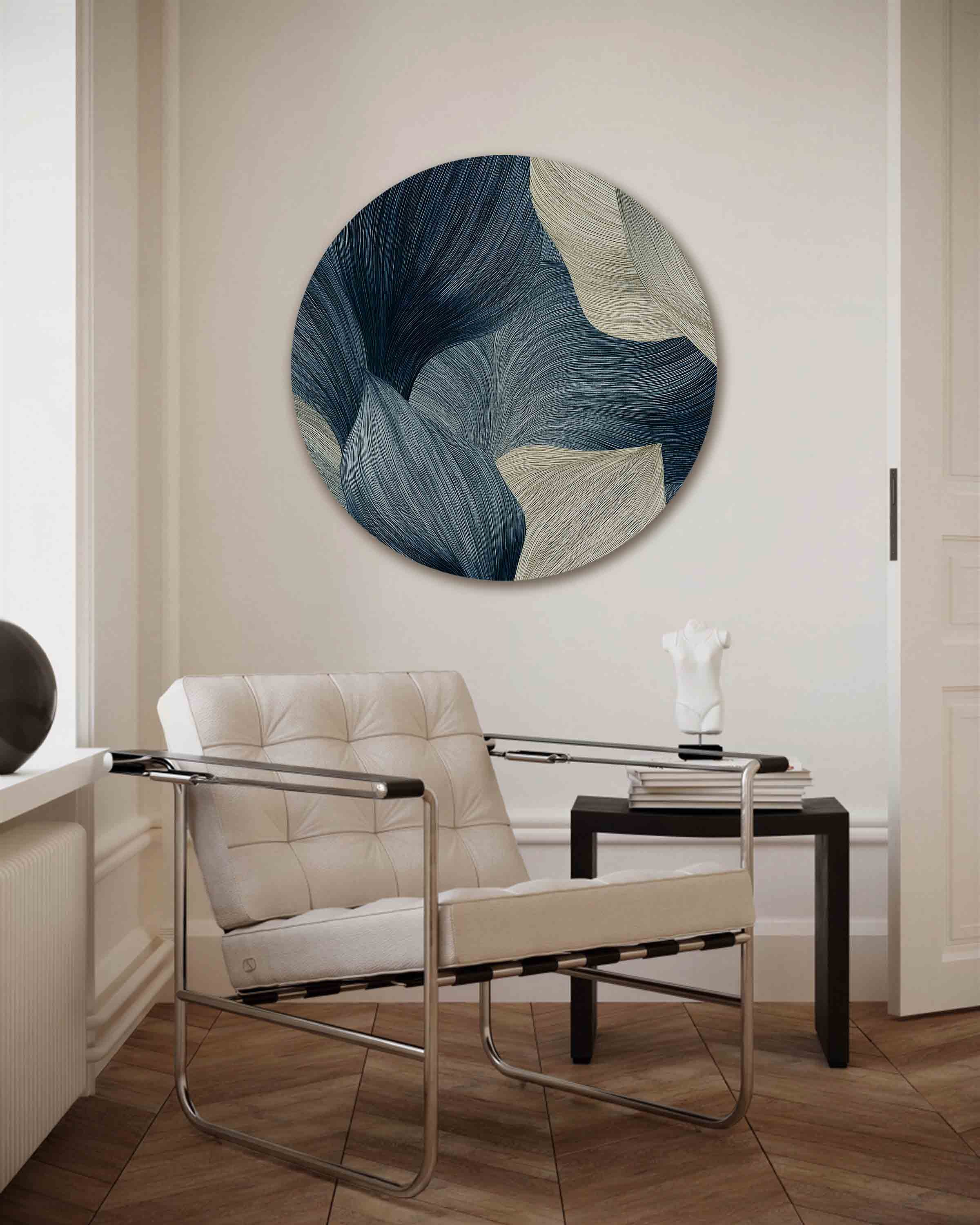 Bladmotief in blauw en beige Muurcirkel