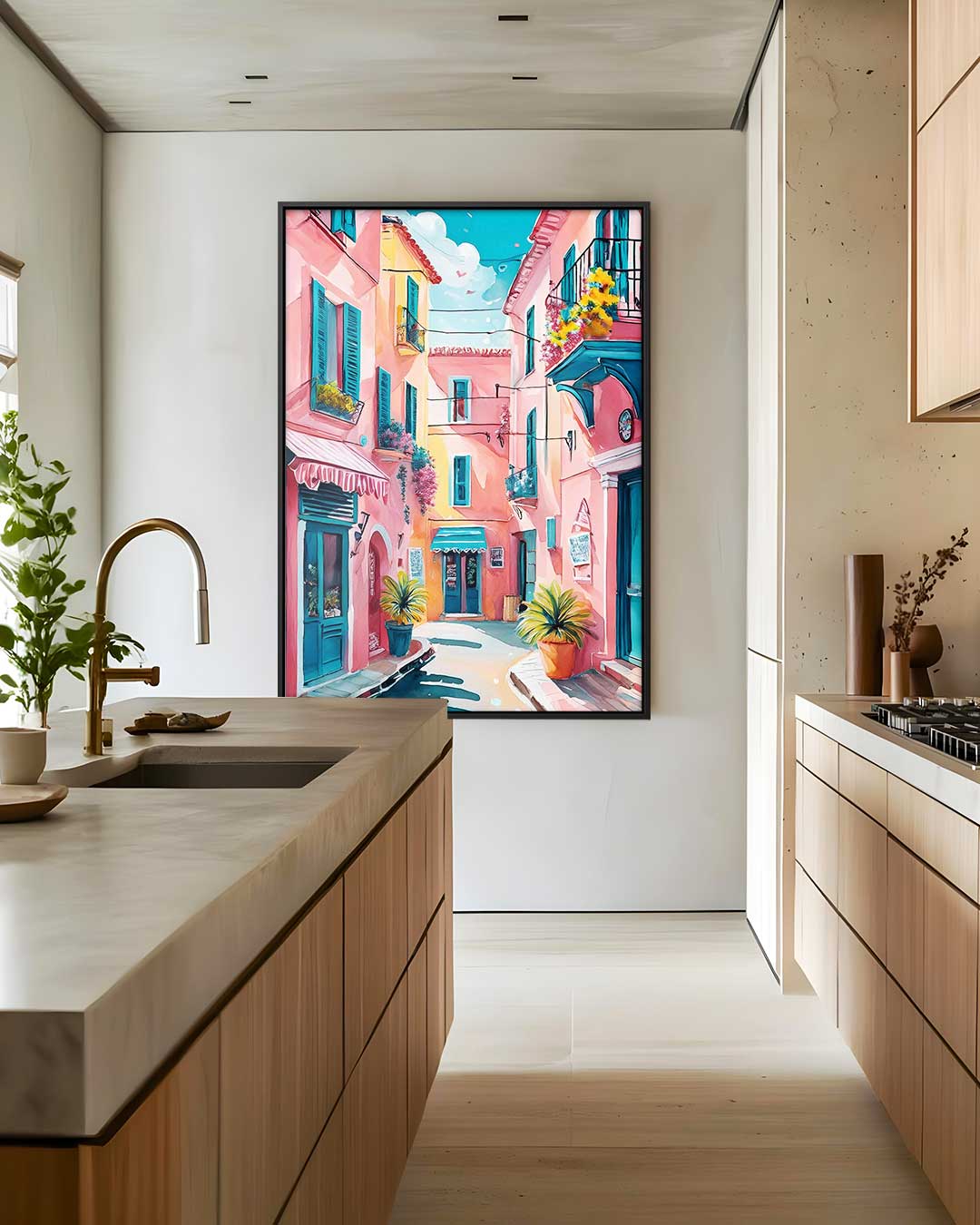 Kleurrijke Mediterrane Straat Kunstwerk-canvas-dibond-plexiglas-wanddecoratie-WallArtistic