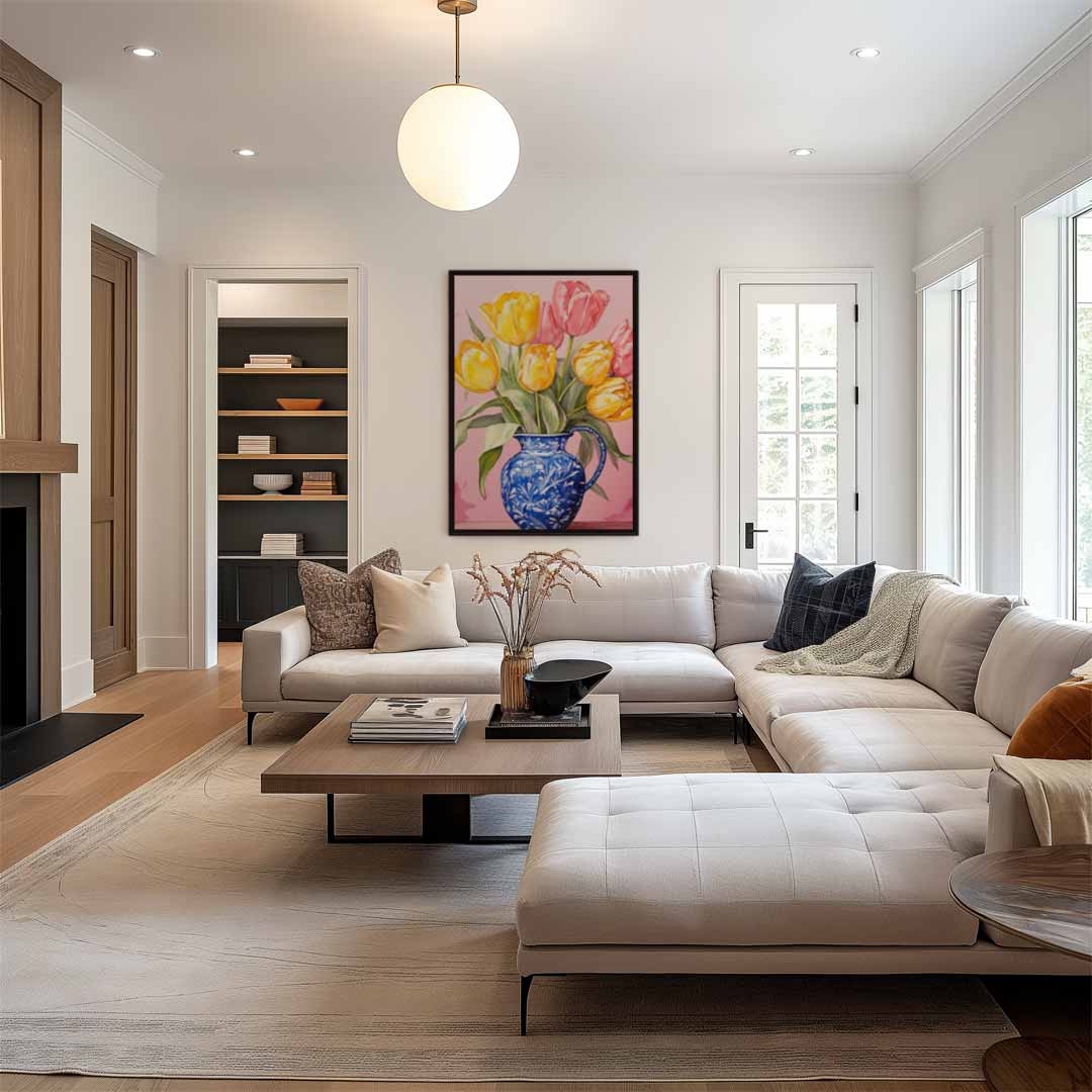 Bont Tulpenboeket in Blauwe Vaas Kunstwerk-canvas-dibond-plexiglas-wanddecoratie-WallArtistic