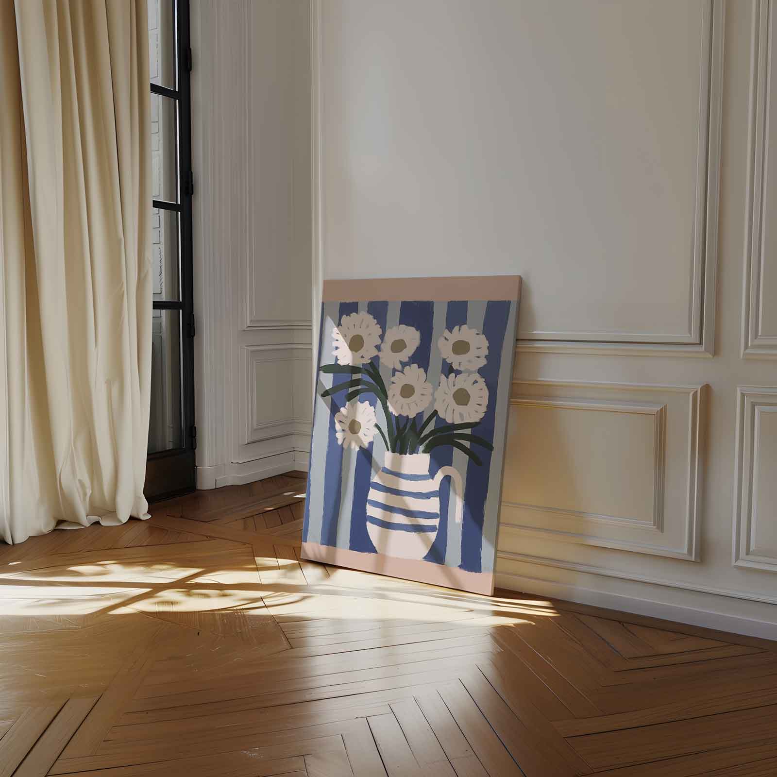 Bloemen in Blauwe Strepen Kunstwerk-canvas-dibond-plexiglas-wanddecoratie-WallArtistic
