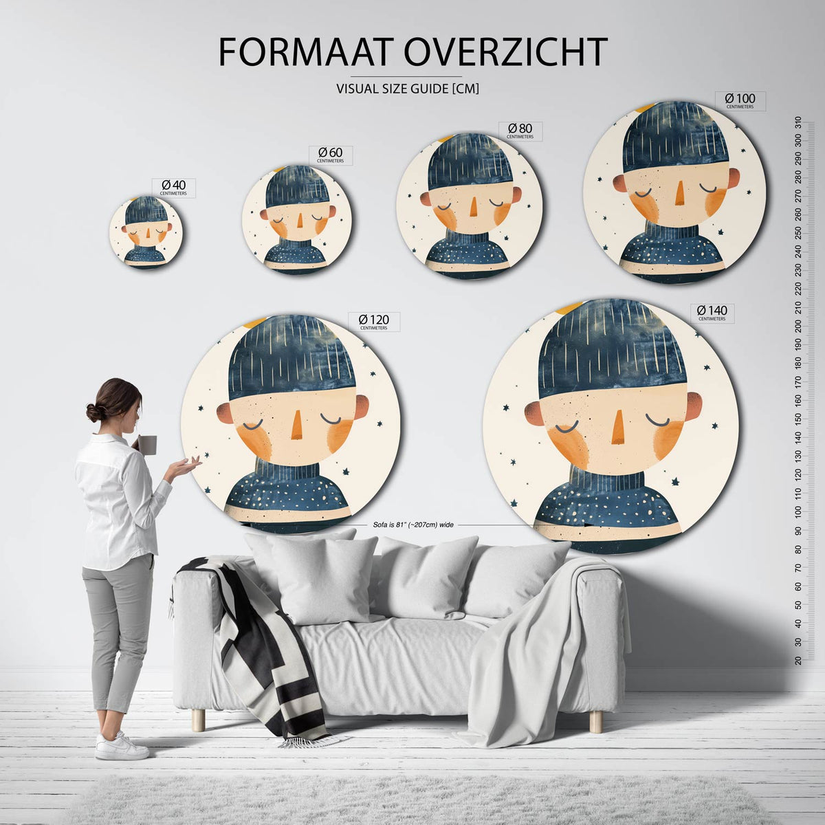 Slapende figuur Muurcirkel – extra productweergave – Een slapende figuur met gesloten ogen, omringd door kleine sterren in