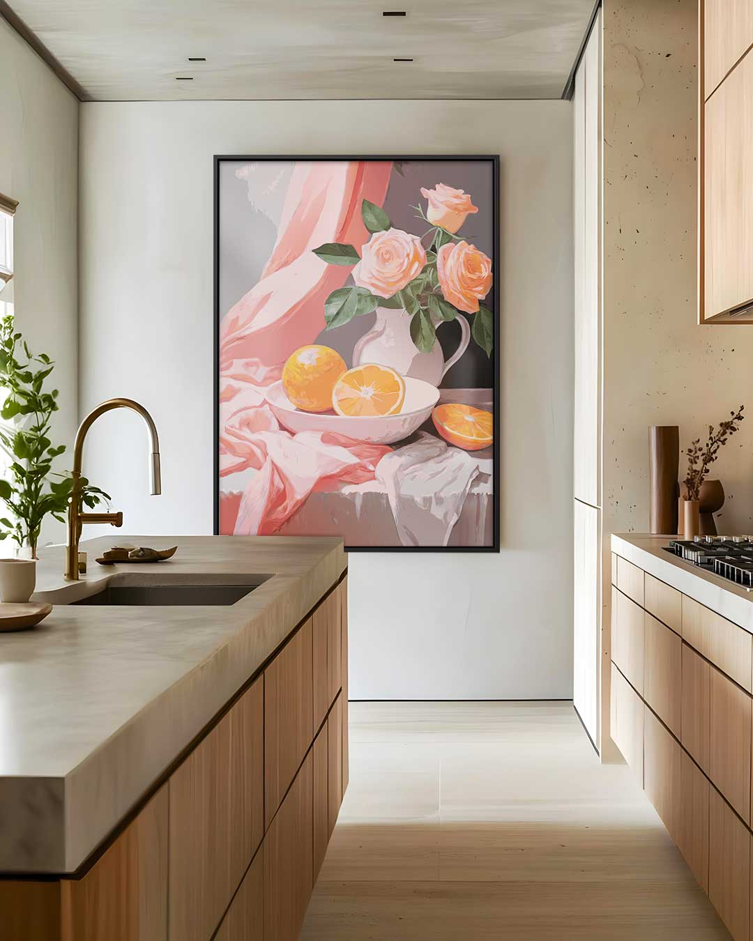 Bloemen en Sinaasappels Stillleven Kunstwerk-canvas-dibond-plexiglas-wanddecoratie-WallArtistic