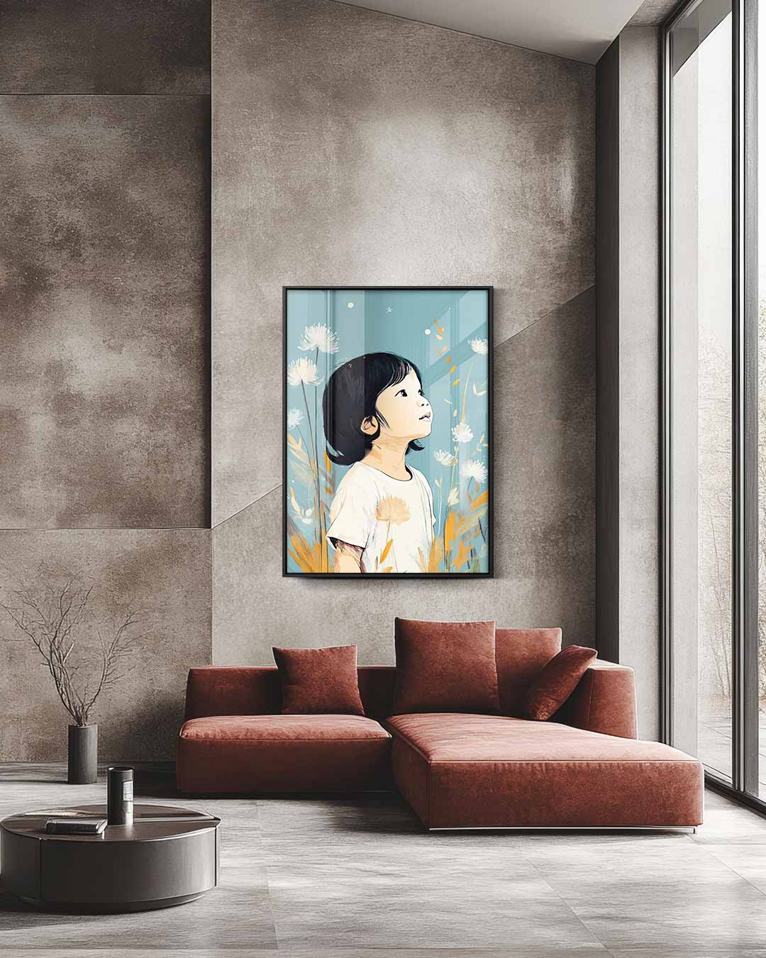 Dromerig Kind in Bloeiende Natuur Kunstwerk-canvas-dibond-plexiglas-wanddecoratie-WallArtistic