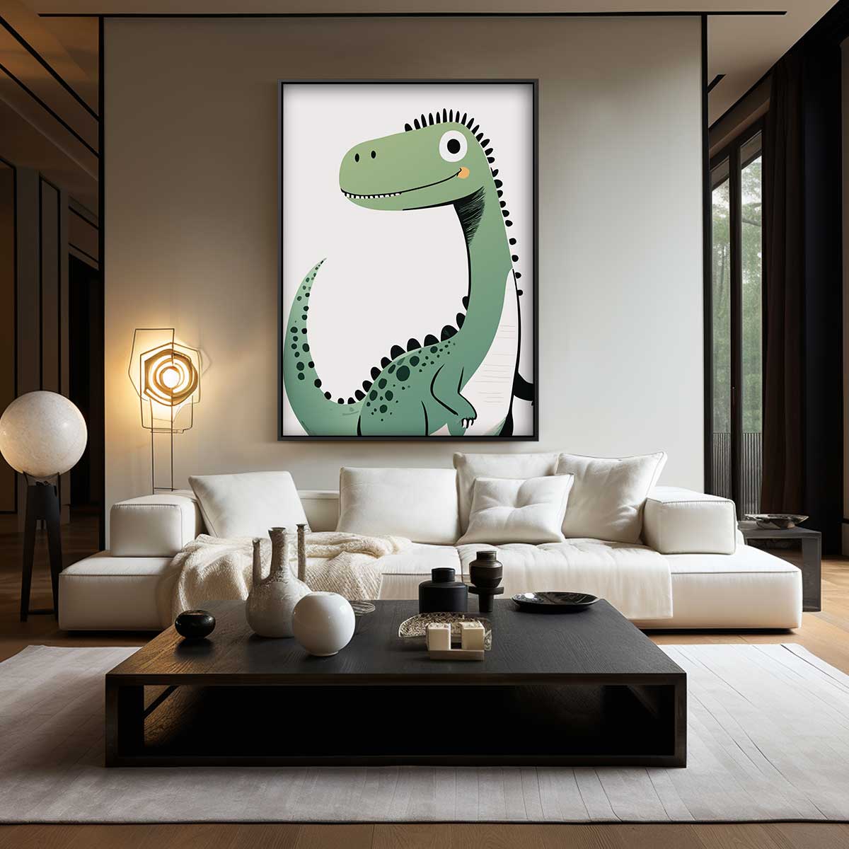 Vrolijke Dino Illustratie Kunstwerk-canvas-dibond-plexiglas-wanddecoratie-WallArtistic