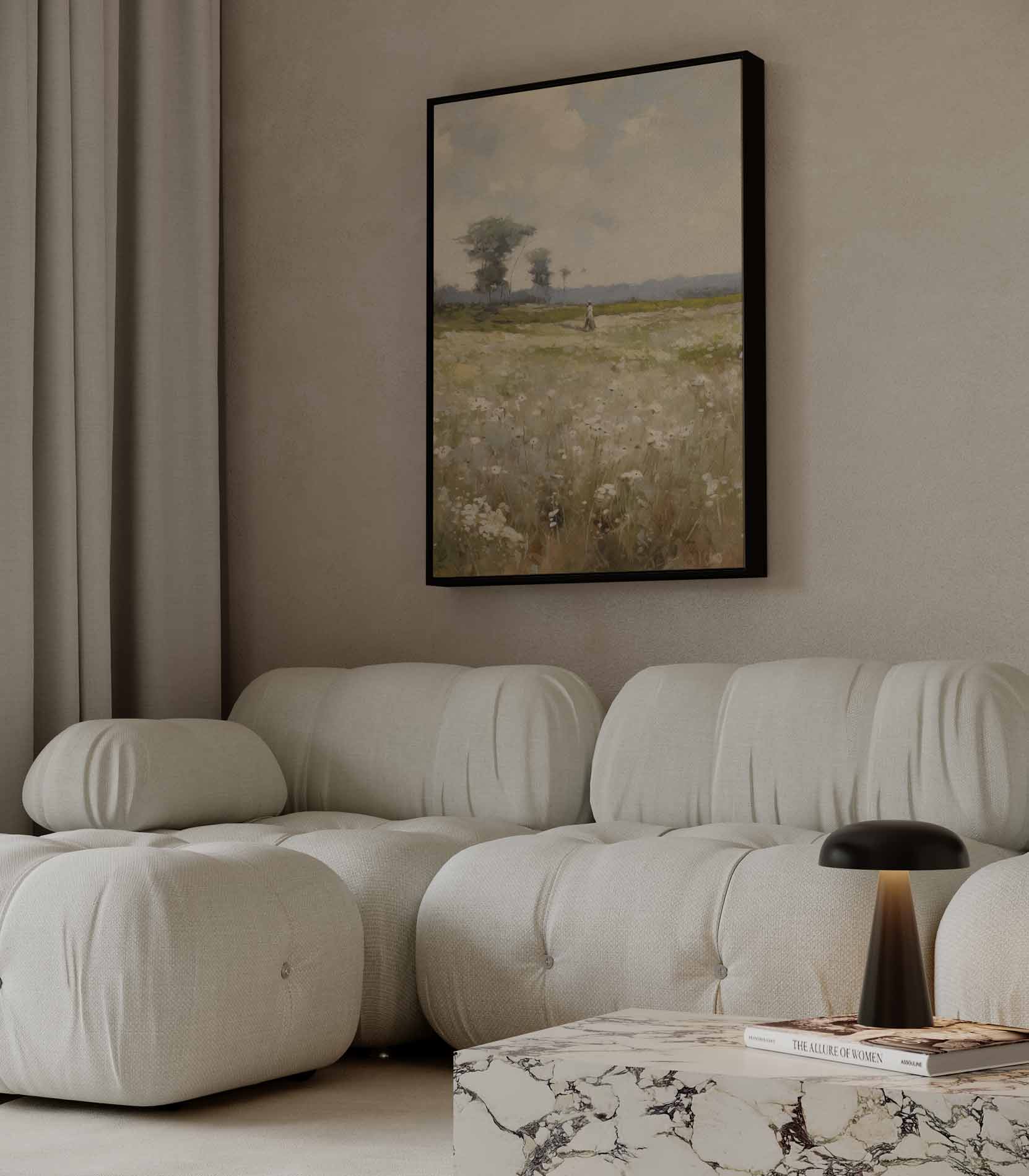 Lenteveld onder een Lucht van Wolken Kunstwerk-canvas-dibond-plexiglas-wanddecoratie-WallArtistic