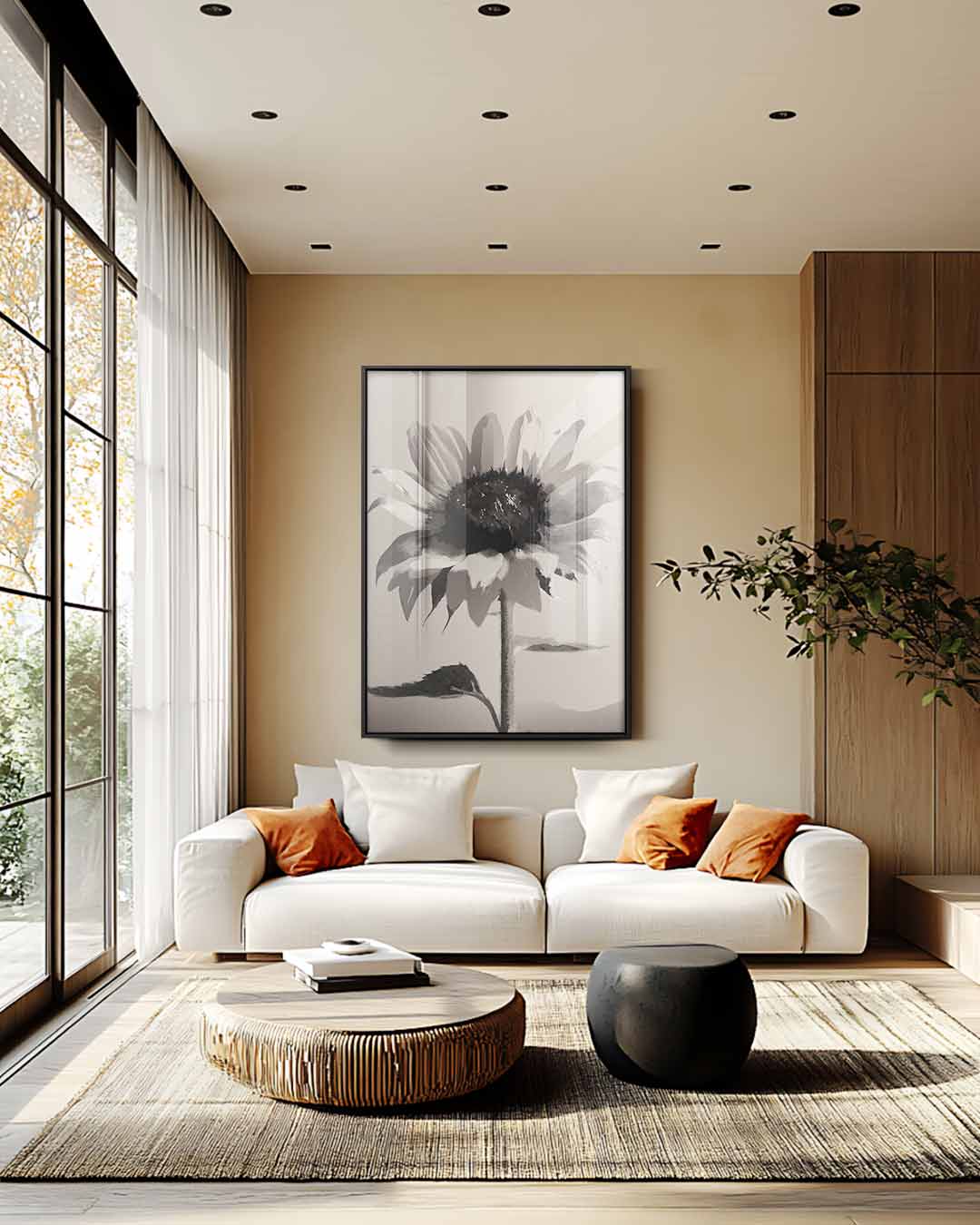 Zwart-witte Zonnebloem Kunstwerk-canvas-dibond-plexiglas-wanddecoratie-WallArtistic