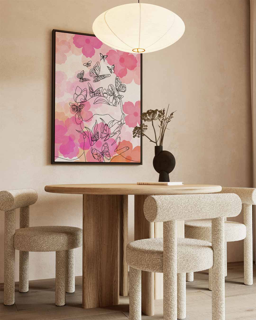 Vlinders en Bloemen Lijntekening Kunstwerk-canvas-dibond-plexiglas-wanddecoratie-WallArtistic