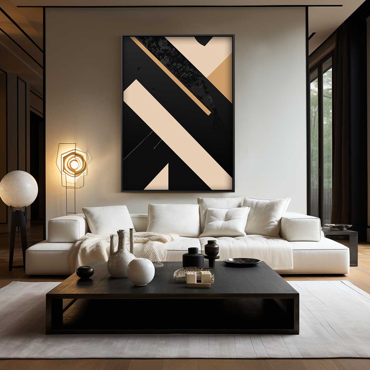 Abstracte Beige Lijnen op Zwart Kunstwerk-canvas-dibond-plexiglas-wanddecoratie-WallArtistic