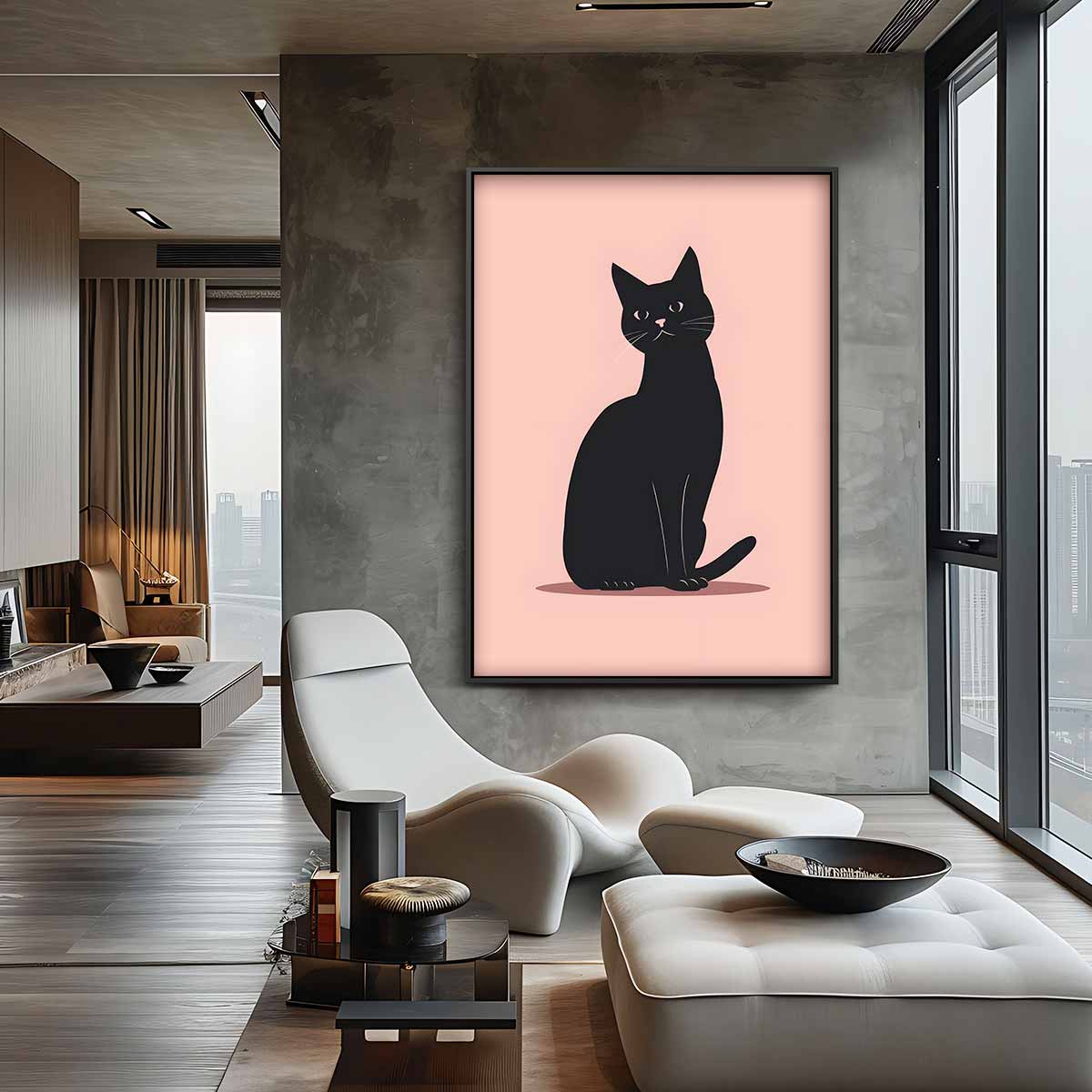 Stijlvolle Zwarte Kat Illustratie Kunstwerk-canvas-dibond-plexiglas-wanddecoratie-WallArtistic