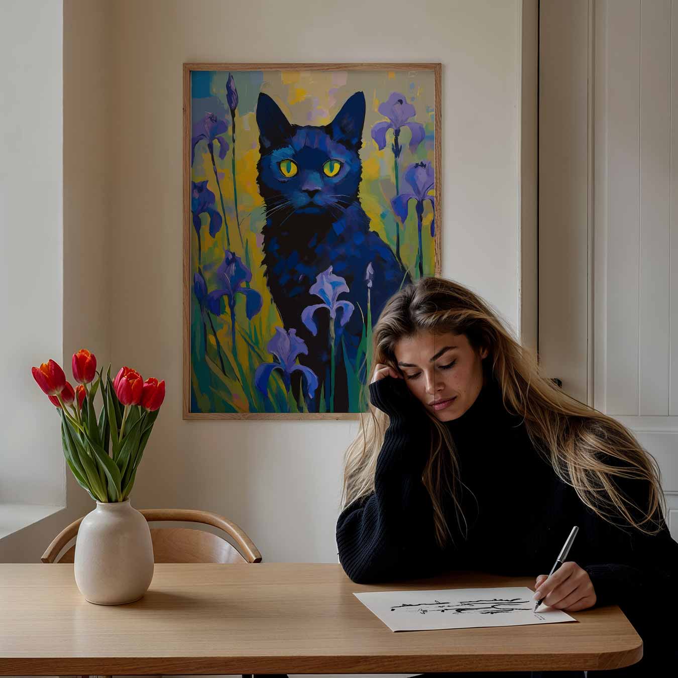 Mystieke Kat in Bloementuin Poster