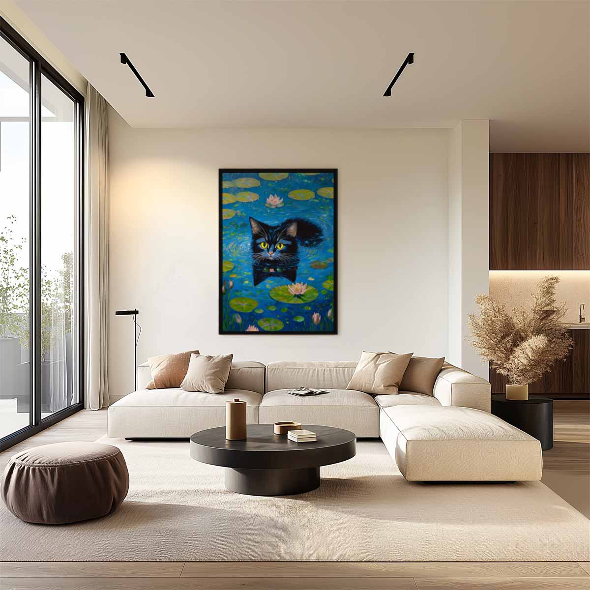 Zwemmende Kat Tussen Waterlelies Kunstwerk-canvas-dibond-plexiglas-wanddecoratie-WallArtistic