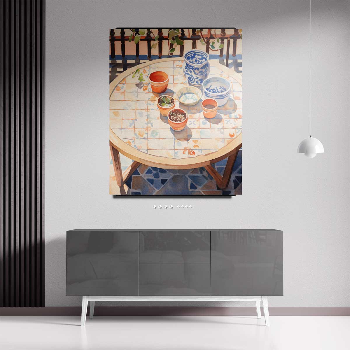 Zonnige Terrastafel met Bloempotten Kunstwerk-canvas-dibond-plexiglas-wanddecoratie-WallArtistic
