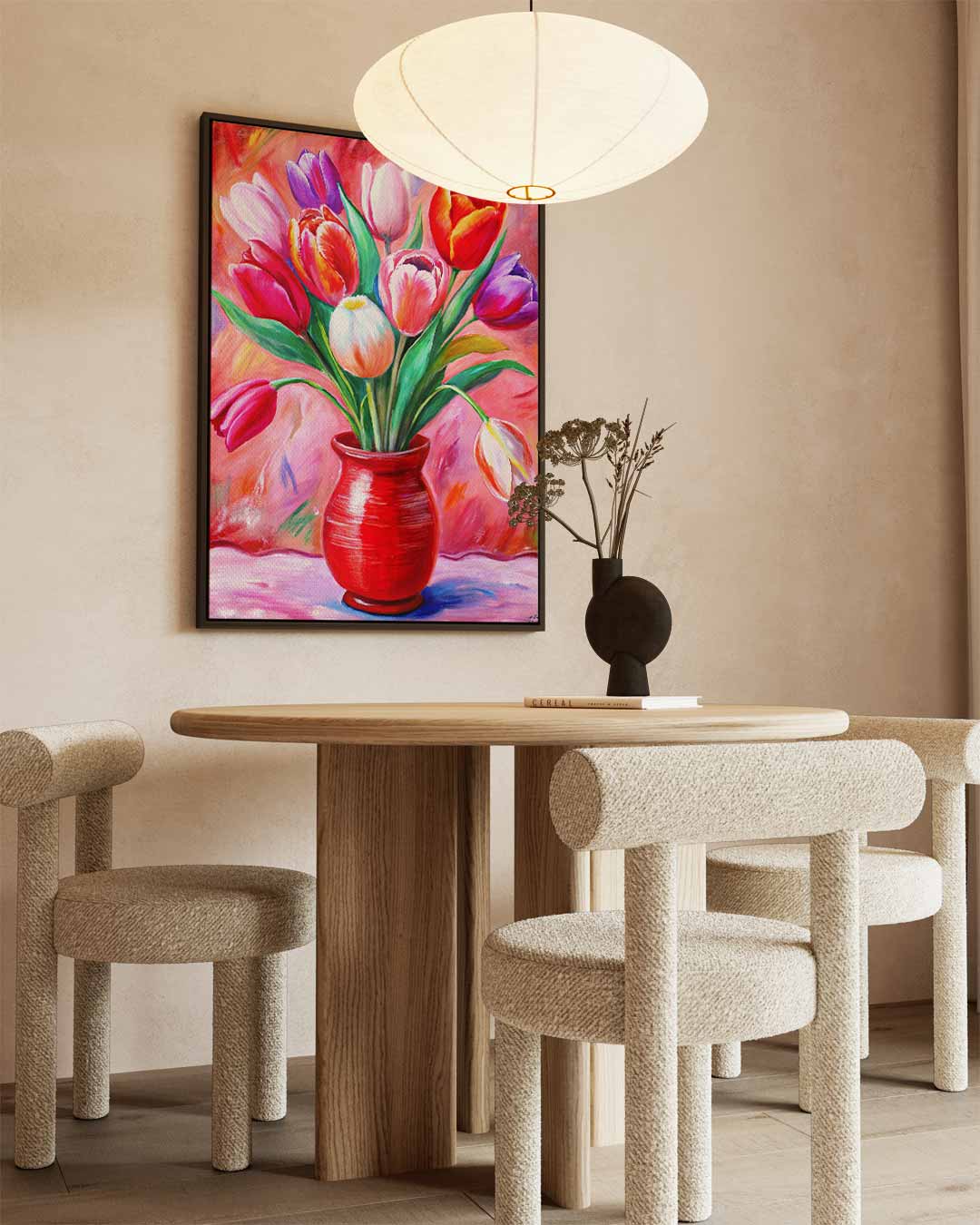 Kleurrijke Tulpen in Rode Vaas Kunstwerk-canvas-dibond-plexiglas-wanddecoratie-WallArtistic