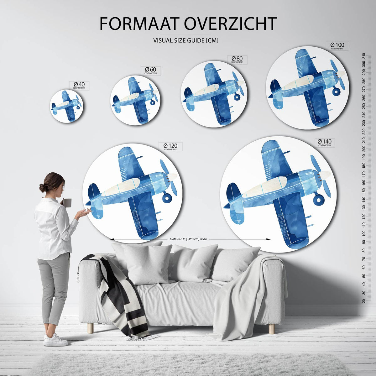 Vliegtuig in blauw Muurcirkel – extra productweergave – Een vliegtuig in verschillende tinten blauw met witte accenten.