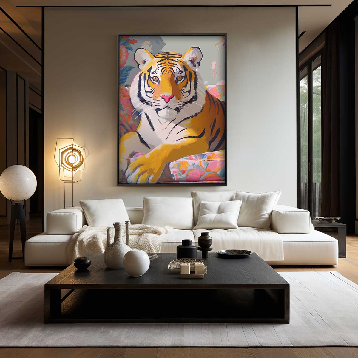 Tropische Tijger in Bloemenpracht Kunstwerk-canvas-dibond-plexiglas-wanddecoratie-WallArtistic