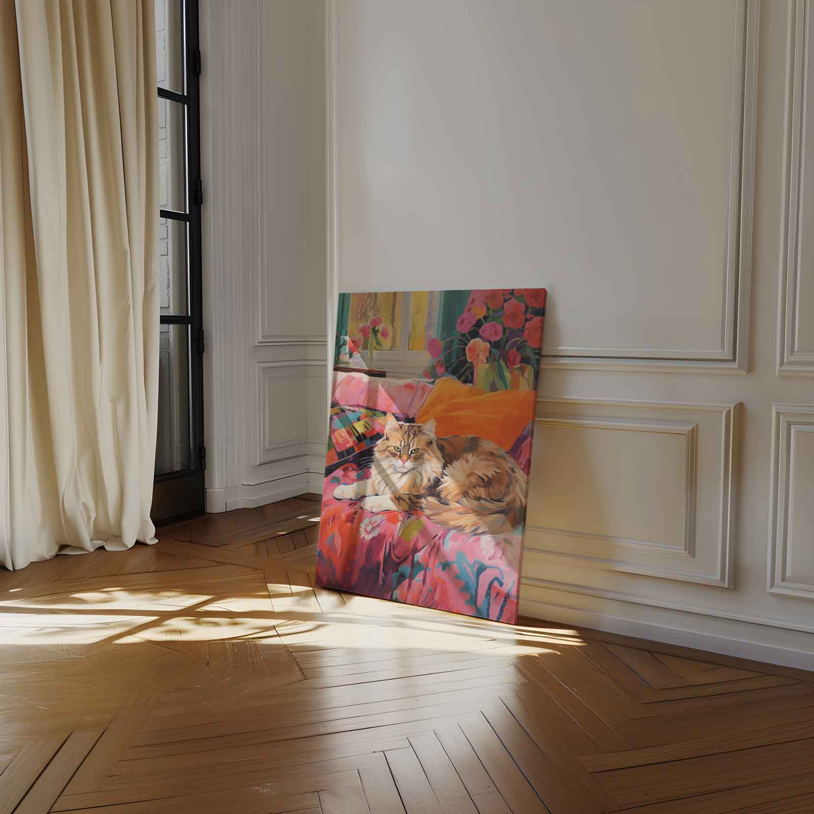 Kat op Bloemenbank Kunstwerk-canvas-dibond-plexiglas-wanddecoratie-WallArtistic