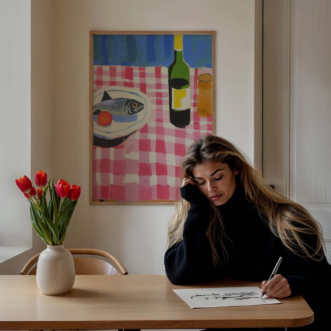 Vrolijke Keukenscène met Vis en Wijn Poster-WallArtistic