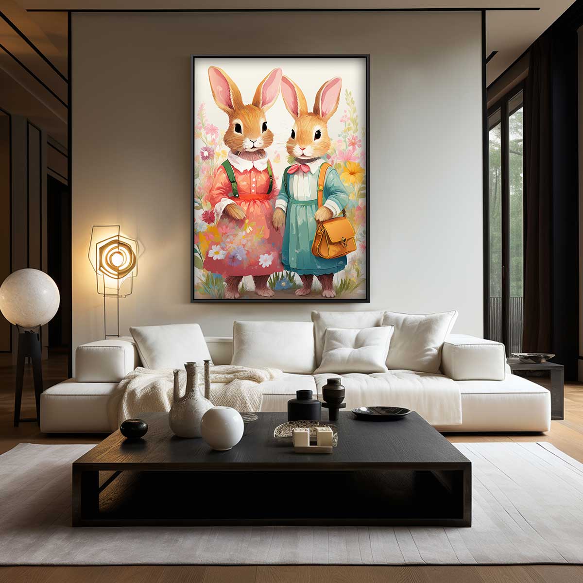 Konijnenvrienden in Bloemenweelde Kunstwerk-canvas-dibond-plexiglas-wanddecoratie-WallArtistic