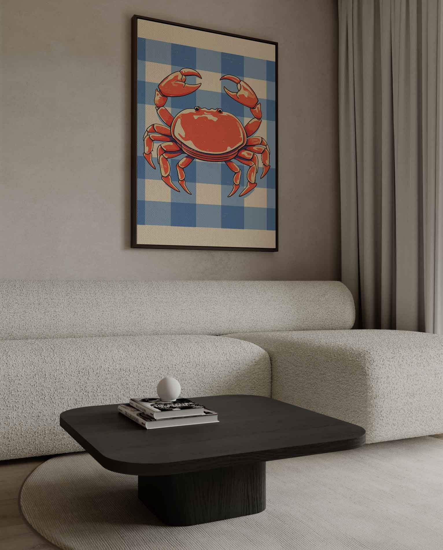 Vrolijke Krab op Blauw-Wit Patroon Kunstwerk-canvas-dibond-plexiglas-wanddecoratie-WallArtistic