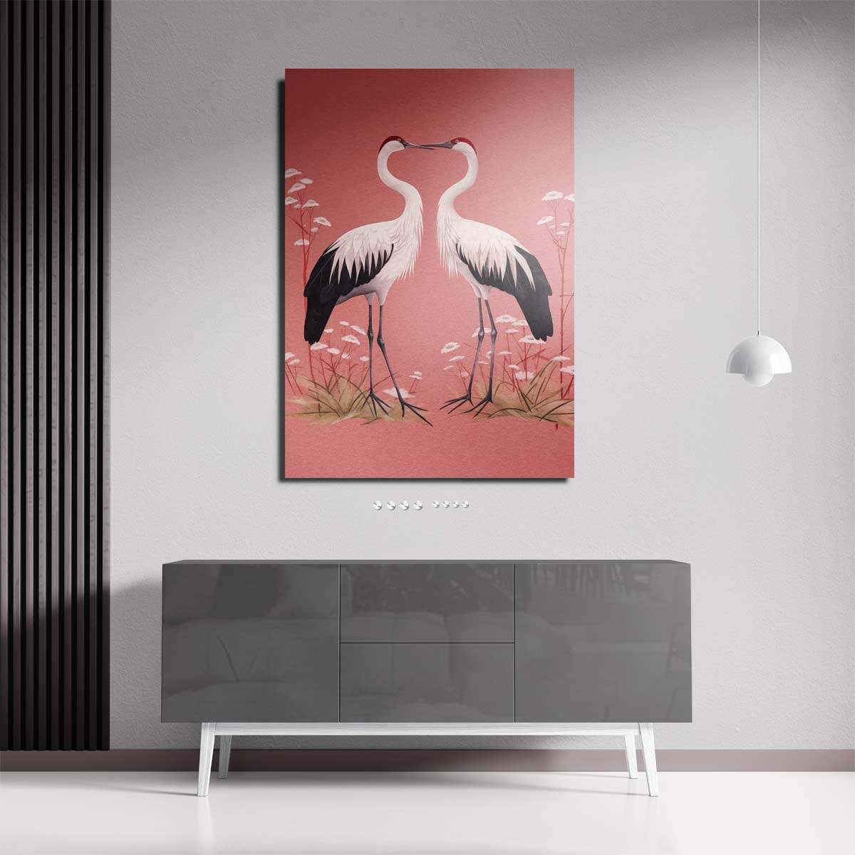 Romantische Kraanvogels op Rosa Achtergrond Kunstwerk-canvas-dibond-plexiglas-wanddecoratie-WallArtistic