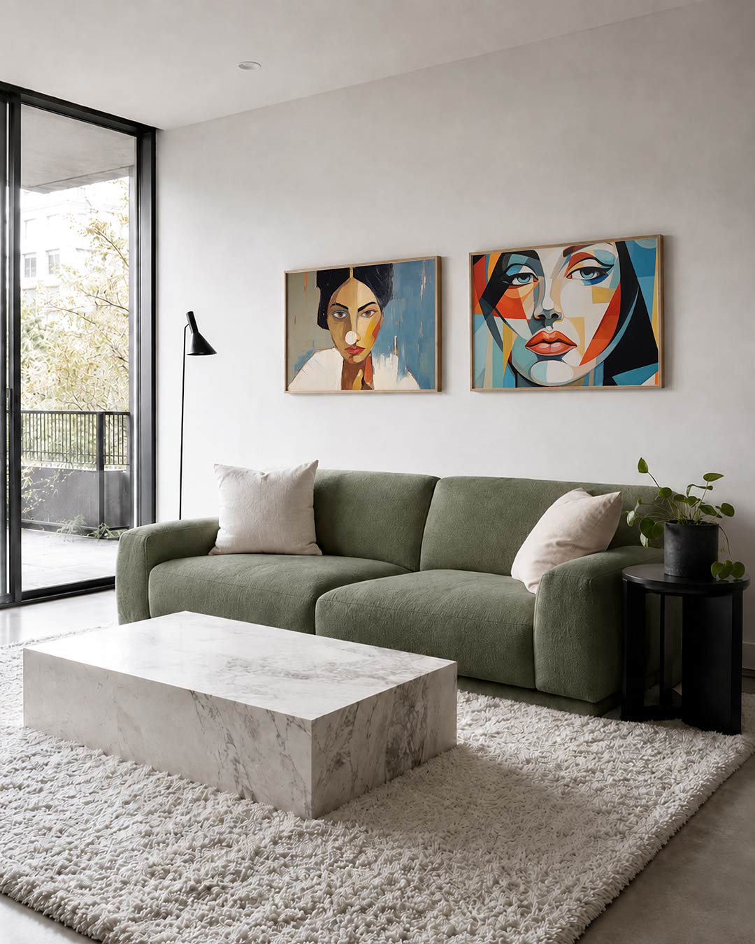 Tweedelige posterset met een portret met gedurfde kleurvlakken en expressieve lijnen, getoond in een interieur