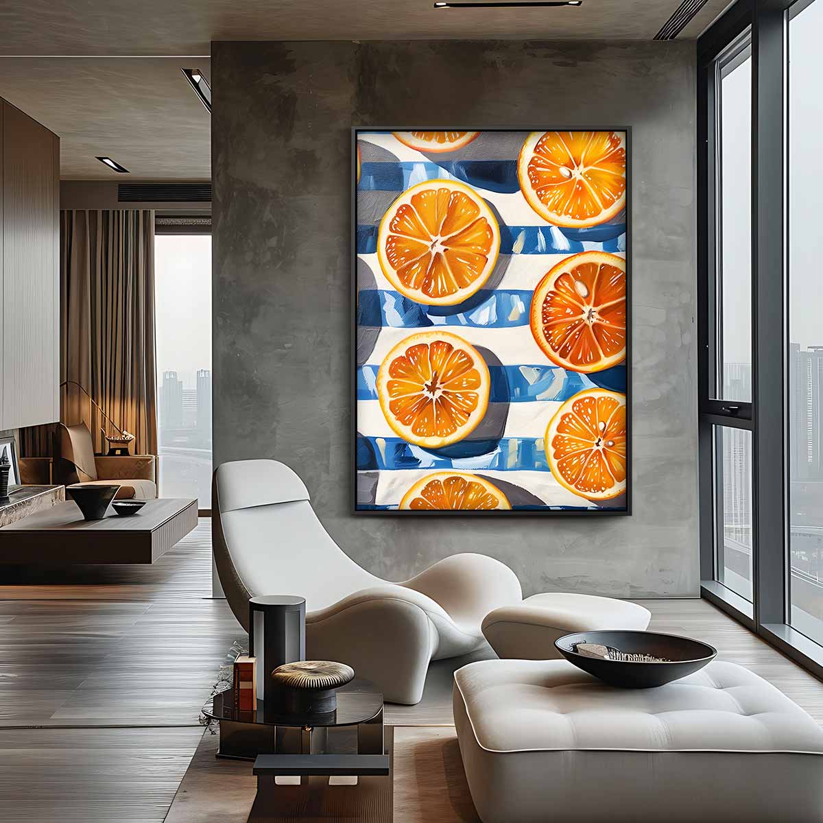 Sinaasappels op een Blauwe Strepen Achtergrond Kunstwerk-canvas-dibond-plexiglas-wanddecoratie-WallArtistic