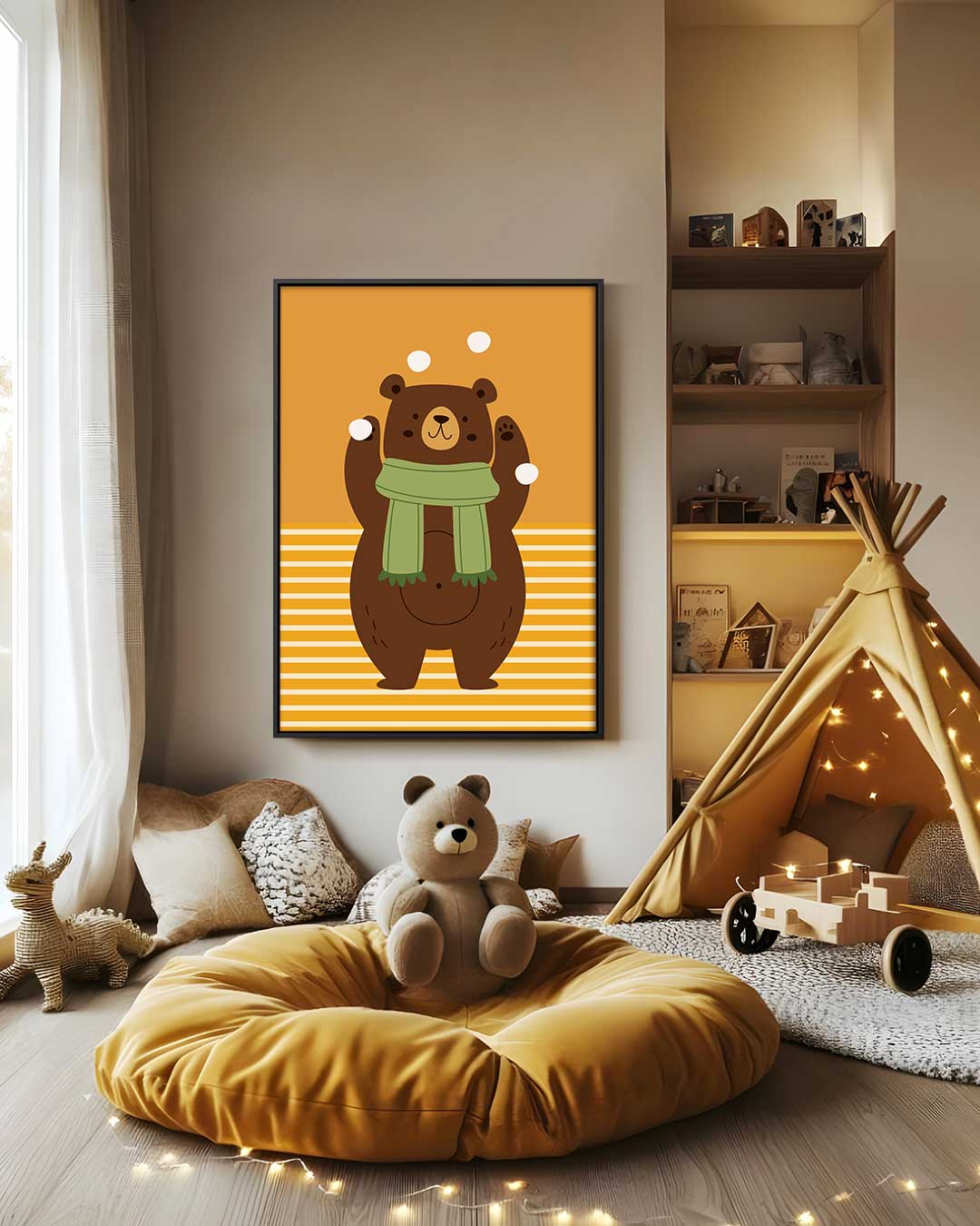 Speelse Beer Met Sjaal Kunstwerk-canvas-dibond-plexiglas-wanddecoratie-WallArtistic